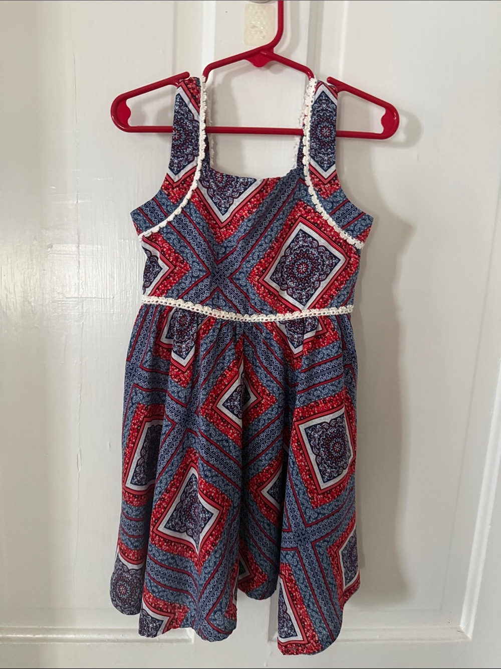 Sweet Heart Rose Red and Blue Printed Sundress with Crochet Waist